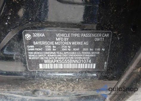 2011 BMW 328I xDrive z USA, uszkodzony, nr VIN WBAPK5G55BNN31074